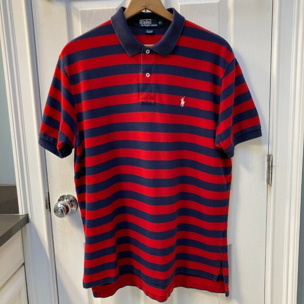 Polo Ralph Lauren Red Navy Blue Stripes White Pony Polo Shirt Size XL